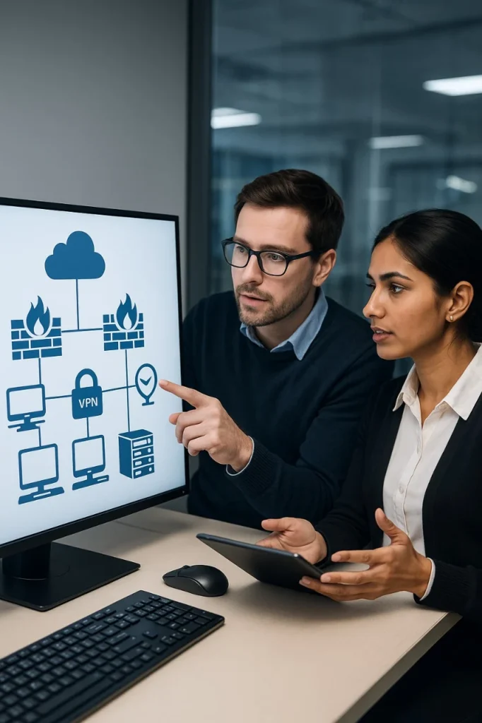 Técnicos instalando firewall y configurando VPN